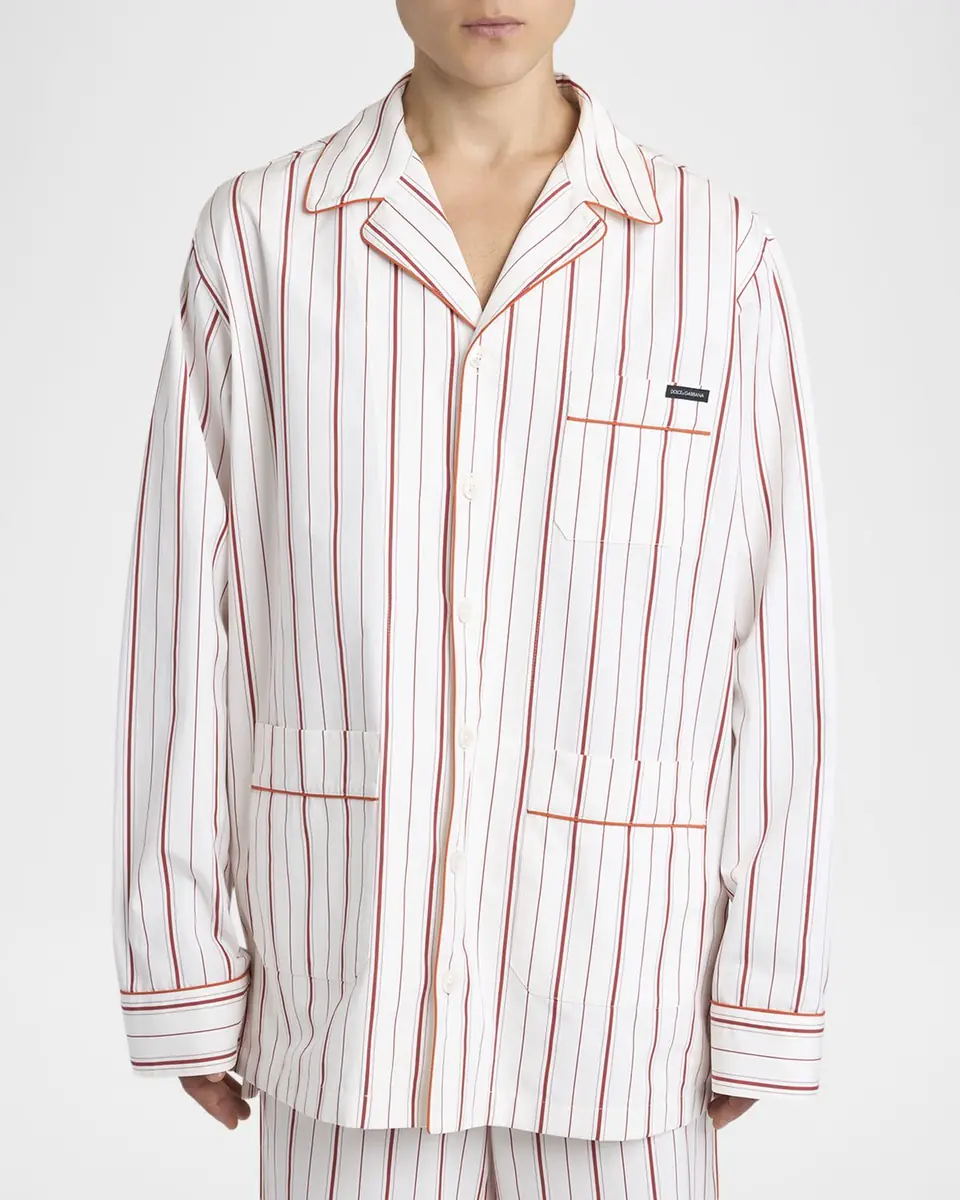 Dolce & Gabbana Men's Cotton and Silk Stripe Button-Down Shirt with Piping | Thumbnail 4 Dolce & Gabbana Men's Cotton and Silk Stripe Button-Down Shirt with Piping | Thumbnail 4