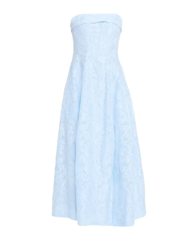 SIMKHAI Valeria Strapless Organza Jacquard Midi Dress | Image 1 SIMKHAI Valeria Strapless Organza Jacquard Midi Dress | Image 1