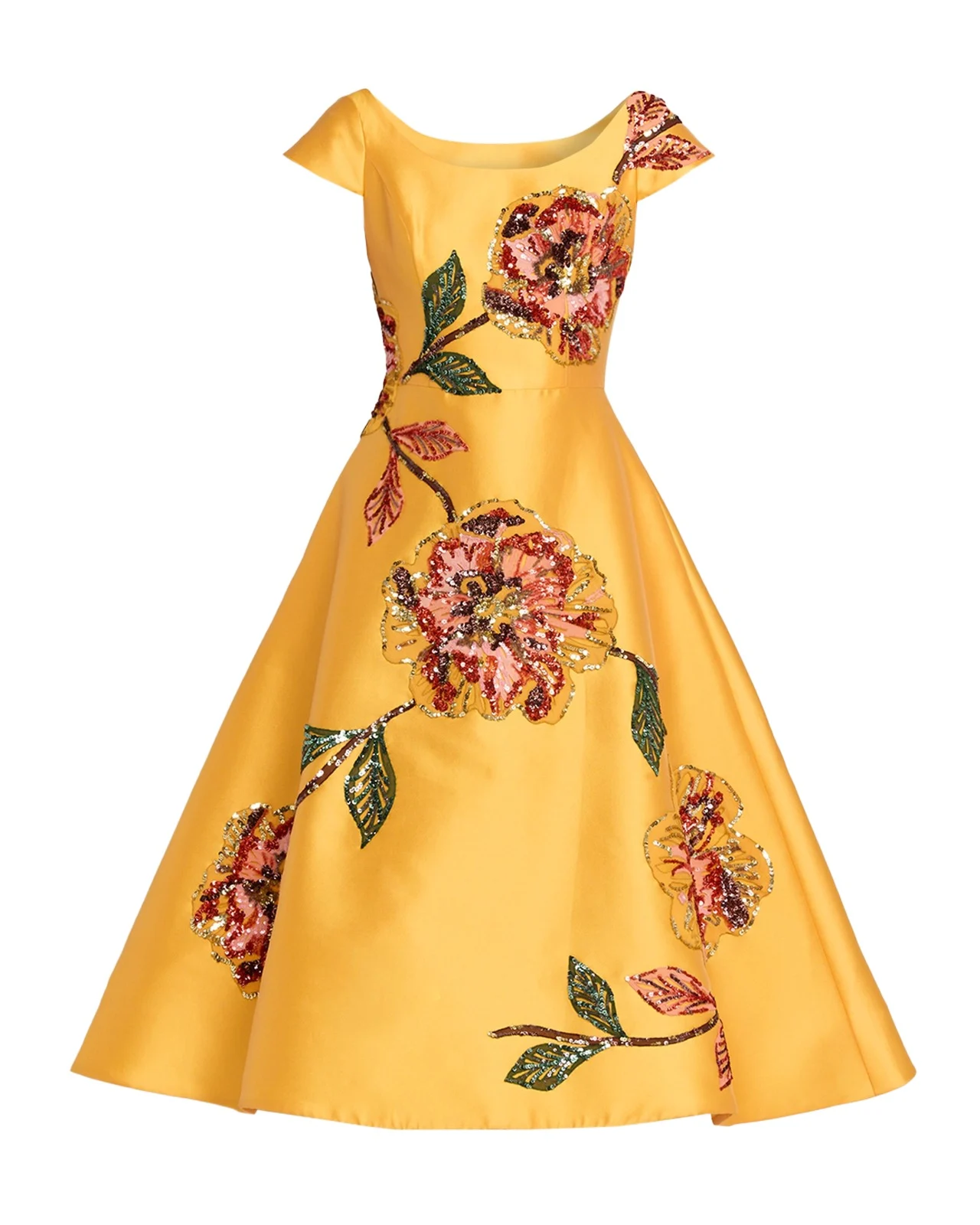 Amsale Floral Embellished Mikado Tea-Length Dress