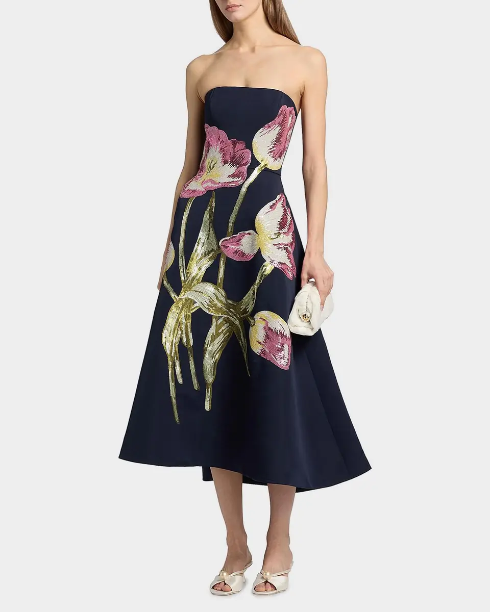 Amsale Floral Sequined Strapless Midi Cocktail Dress | Thumbnail 3