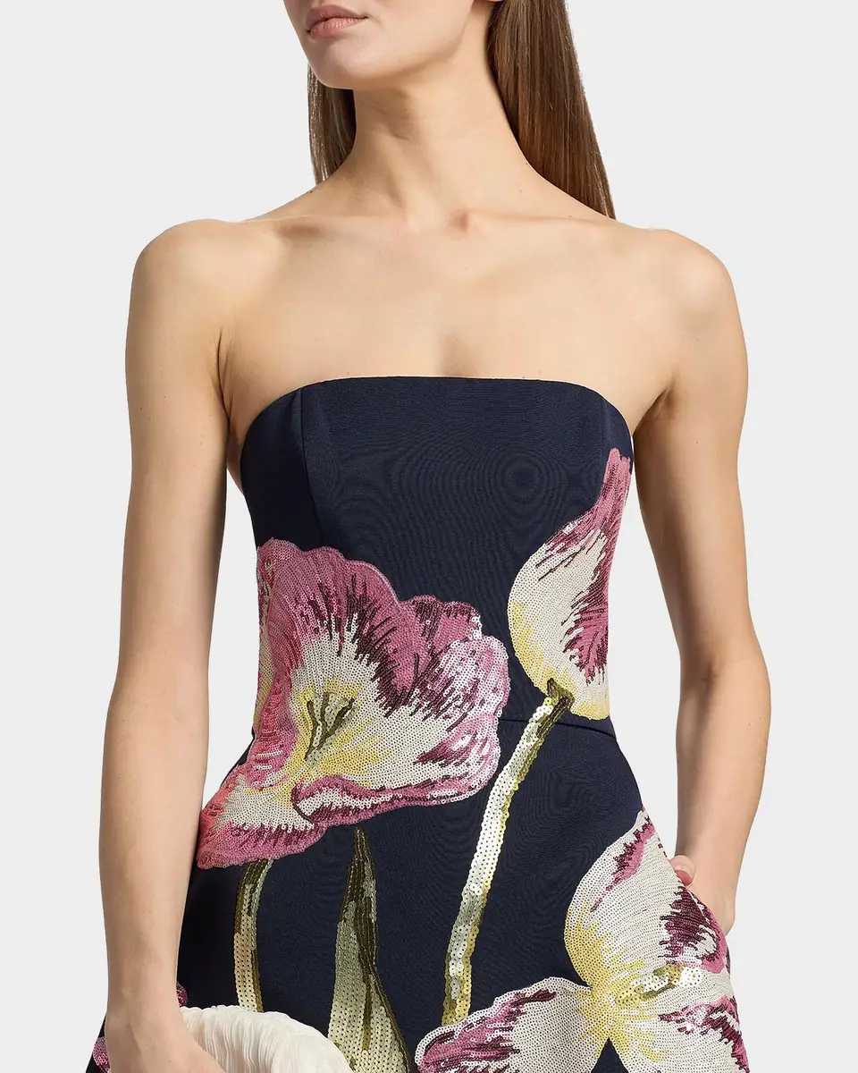 Amsale Floral Sequined Strapless Midi Cocktail Dress | Thumbnail 4