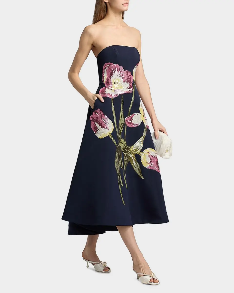 Amsale Floral Sequined Strapless Midi Cocktail Dress | Thumbnail 6