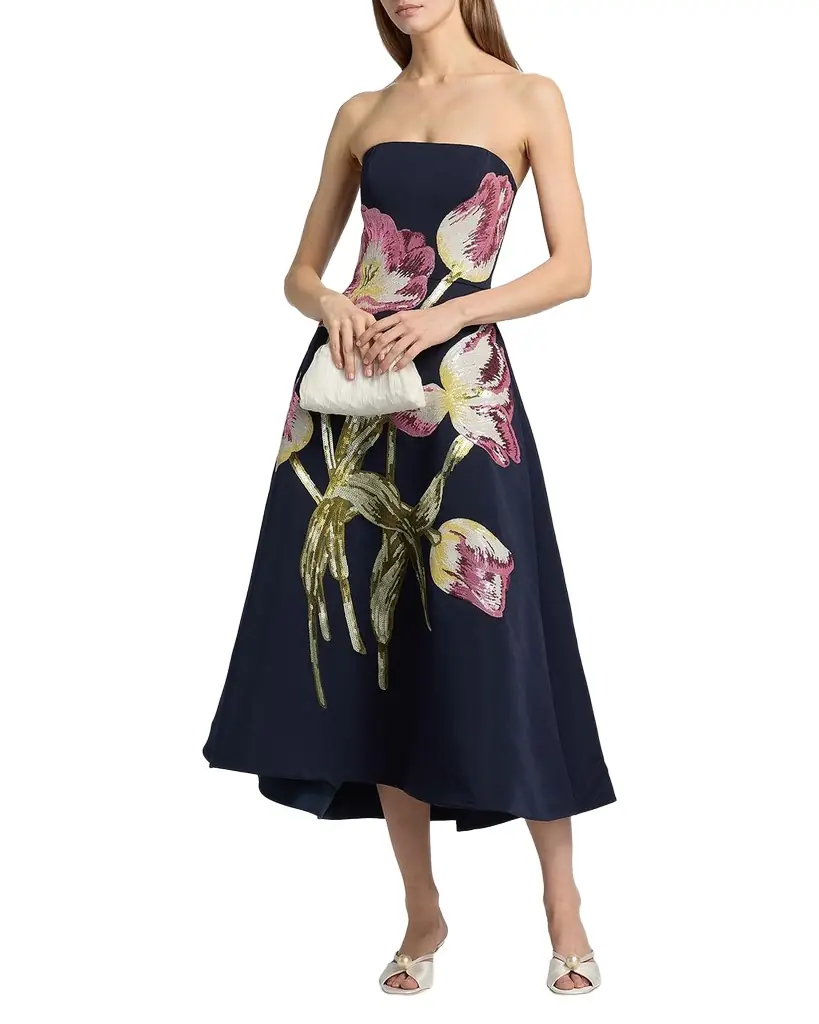 Floral Sequined Strapless Midi Cocktail Dress Floral Sequined Strapless Midi Cocktail Dress