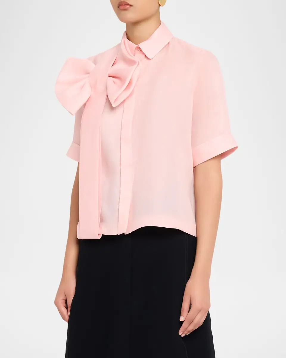Dice Kayek Satin Bow Short-Sleeve Button-Down Top | Thumbnail 4 Dice Kayek Satin Bow Short-Sleeve Button-Down Top | Thumbnail 4