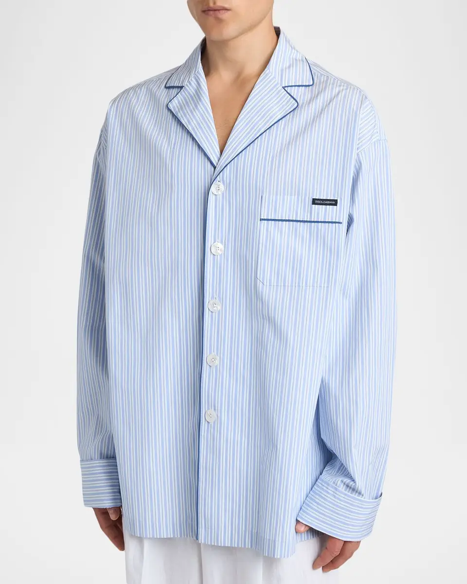 Dolce & Gabbana Men's Cotton and Silk Stripe Button-Down Shirt with Piping | Thumbnail 3