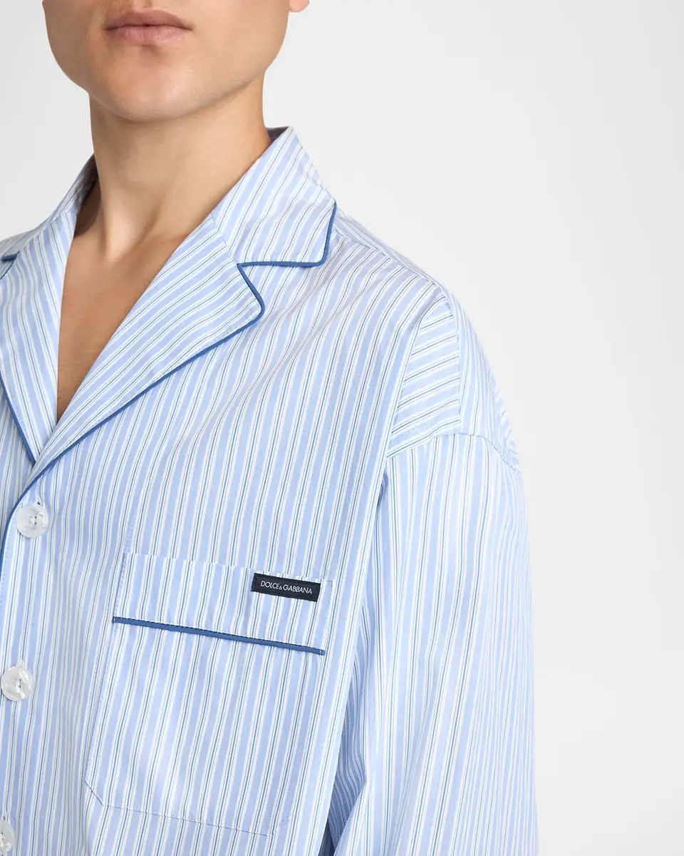 Dolce & Gabbana Men's Cotton and Silk Stripe Button-Down Shirt with Piping | Thumbnail 4