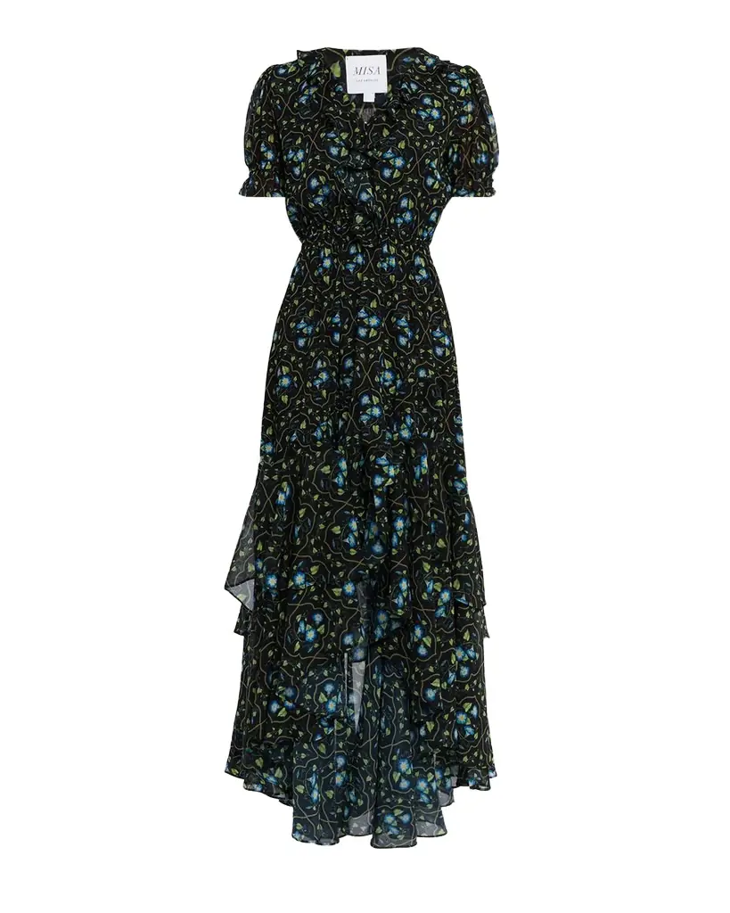 MISA Los Angeles Jodie Morning Glory Lattice High-Low Maxi Dress | Image 1 MISA Los Angeles Jodie Morning Glory Lattice High-Low Maxi Dress | Image 1