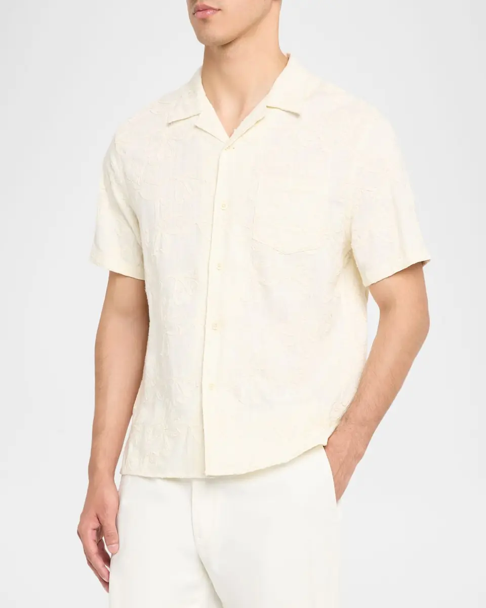 Vince Men's Tonal Floral Embroidered Short-Sleeve Shirt | Thumbnail 4 Vince Men's Tonal Floral Embroidered Short-Sleeve Shirt | Thumbnail 4