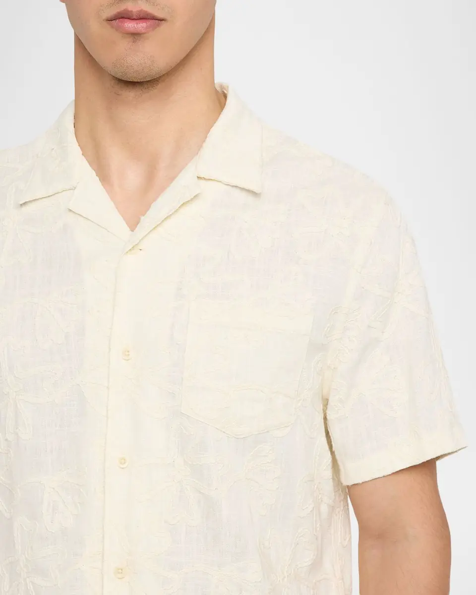 Vince Men's Tonal Floral Embroidered Short-Sleeve Shirt | Thumbnail 5 Vince Men's Tonal Floral Embroidered Short-Sleeve Shirt | Thumbnail 5