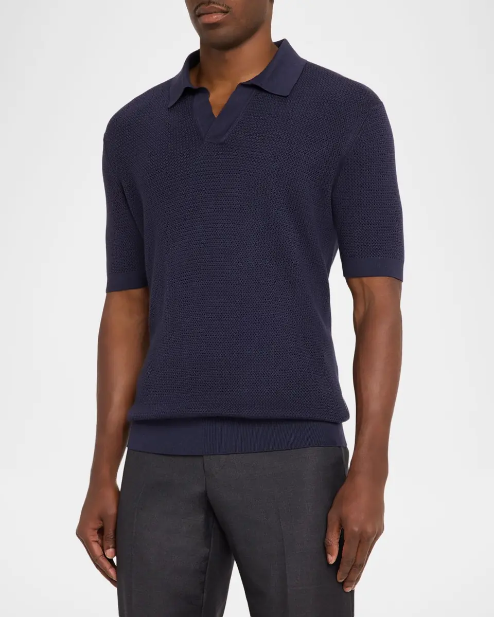 ZEGNA Men's Premium Cotton Knit Johnny-Collar Polo Shirt | Thumbnail 3