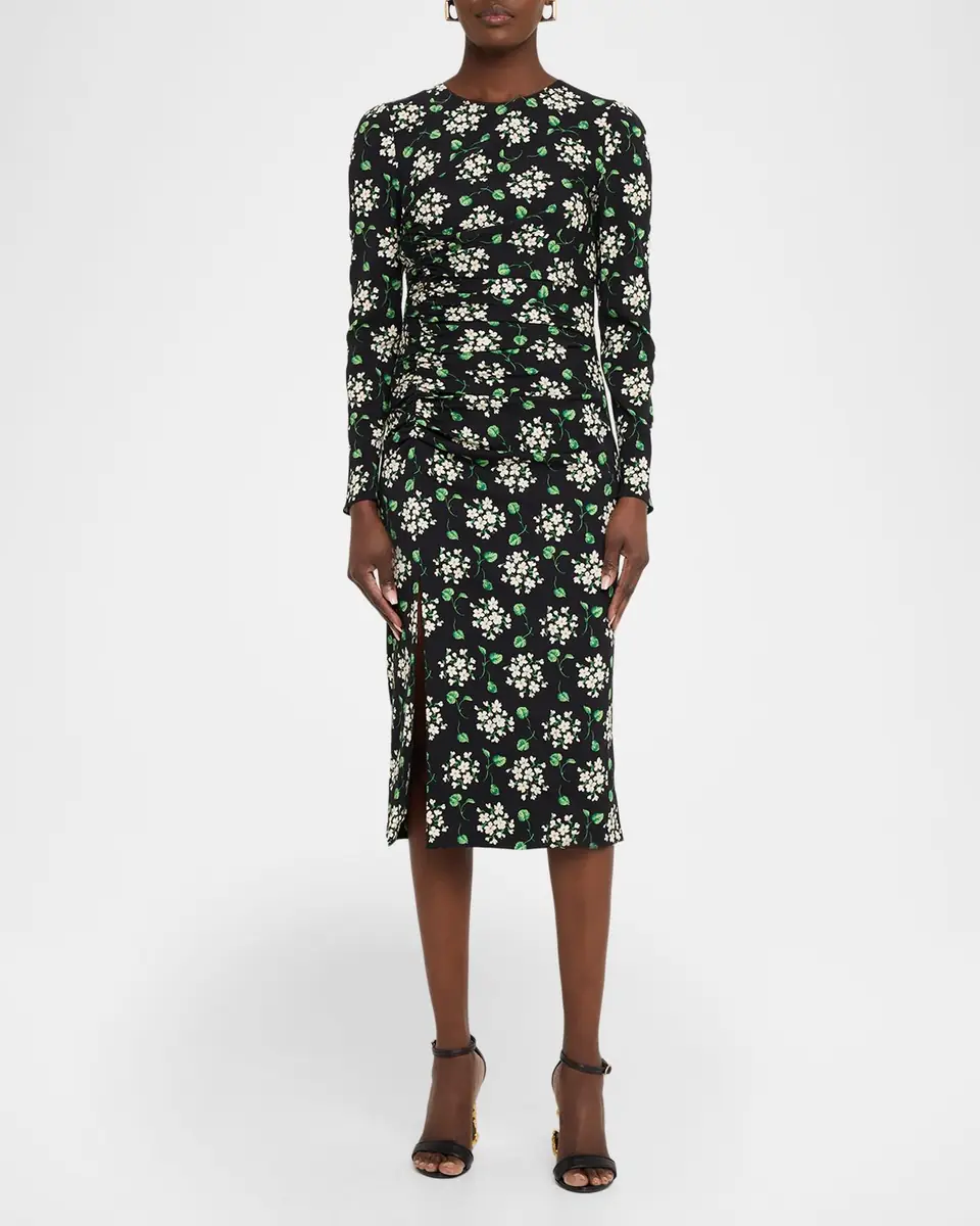 Dolce & Gabbana Floral Silk Long-Sleeve Ruched Midi Dress | Thumbnail 2