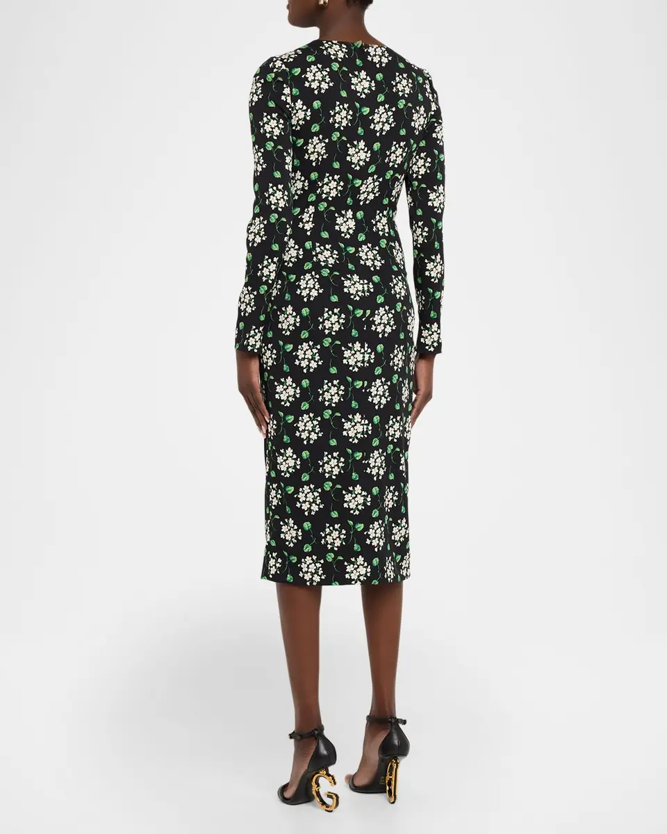 Dolce & Gabbana Floral Silk Long-Sleeve Ruched Midi Dress | Thumbnail 3