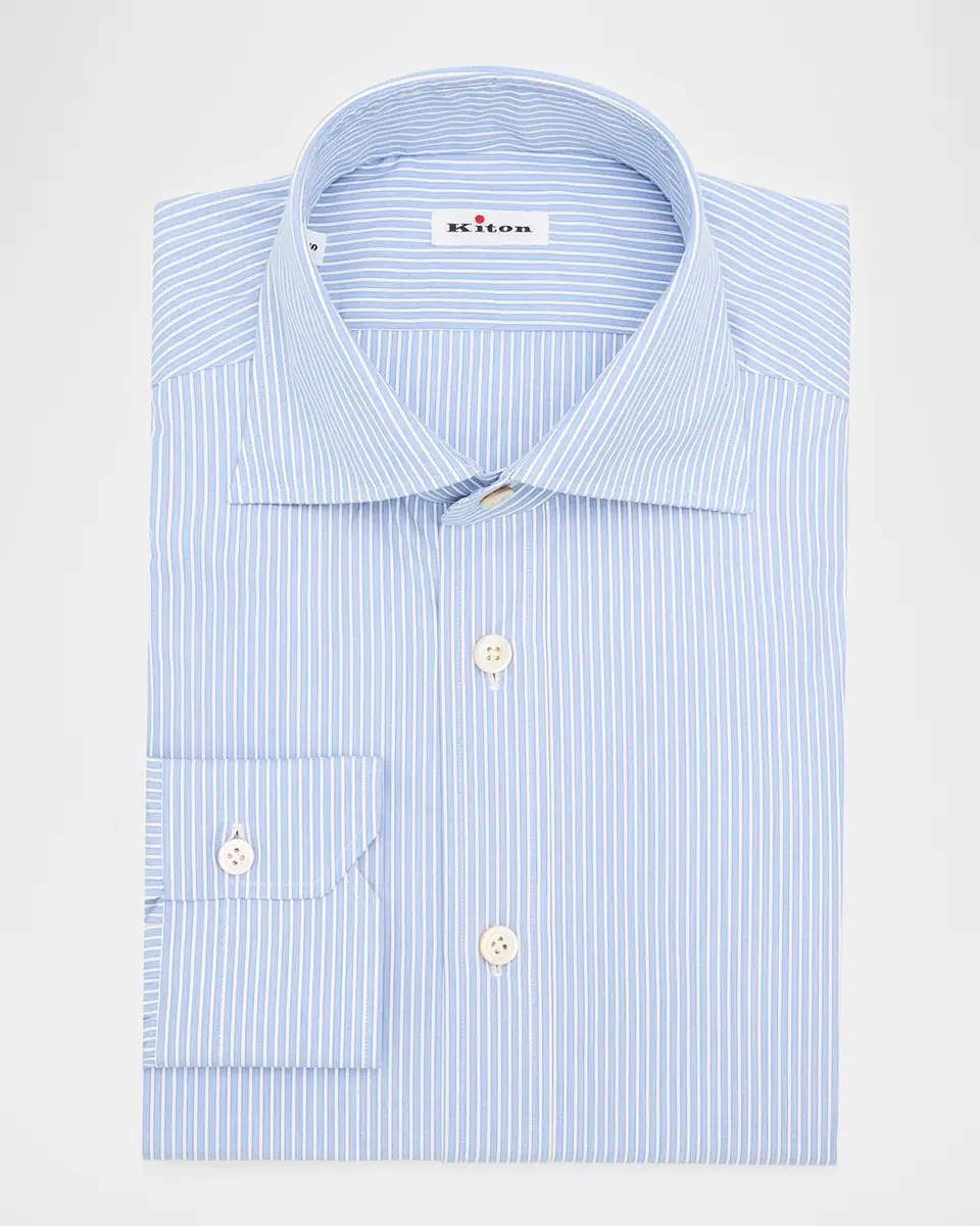 Kiton Men's Cotton Fine Stripe Dress Shirt with Mother-of-Pearl Buttons | Thumbnail 3 Kiton Men's Cotton Fine Stripe Dress Shirt with Mother-of-Pearl Buttons | Thumbnail 3