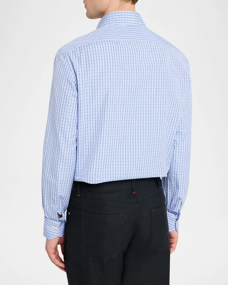 Kiton Men's Cotton Grid Check Sport Shirt with Mother-of-Pearl Buttons | Thumbnail 3 Kiton Men's Cotton Grid Check Sport Shirt with Mother-of-Pearl Buttons | Thumbnail 3