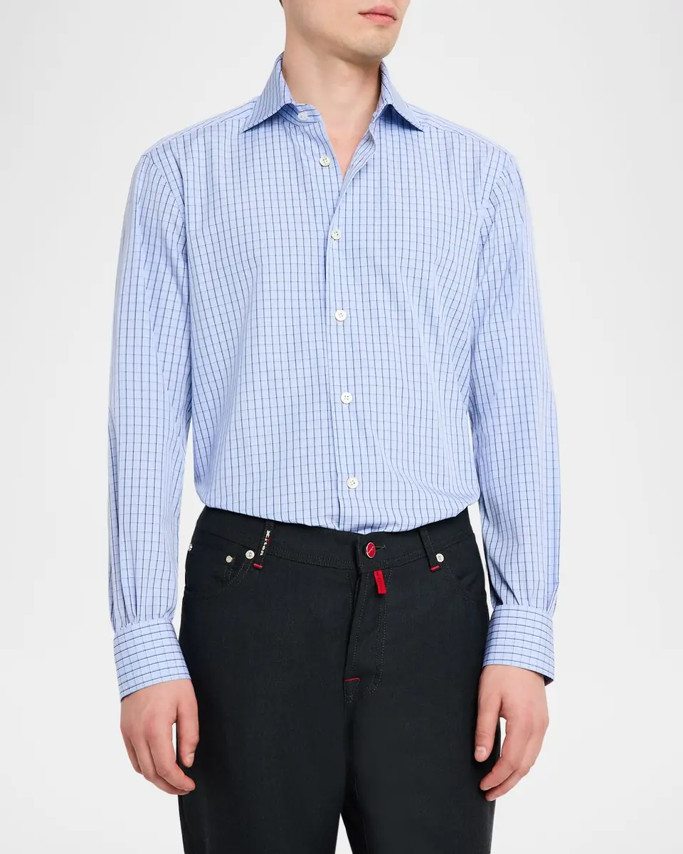 Kiton Men's Cotton Grid Check Sport Shirt with Mother-of-Pearl Buttons | Thumbnail 4 Kiton Men's Cotton Grid Check Sport Shirt with Mother-of-Pearl Buttons | Thumbnail 4