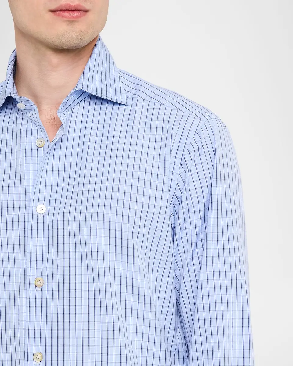 Kiton Men's Cotton Grid Check Sport Shirt with Mother-of-Pearl Buttons | Thumbnail 5 Kiton Men's Cotton Grid Check Sport Shirt with Mother-of-Pearl Buttons | Thumbnail 5