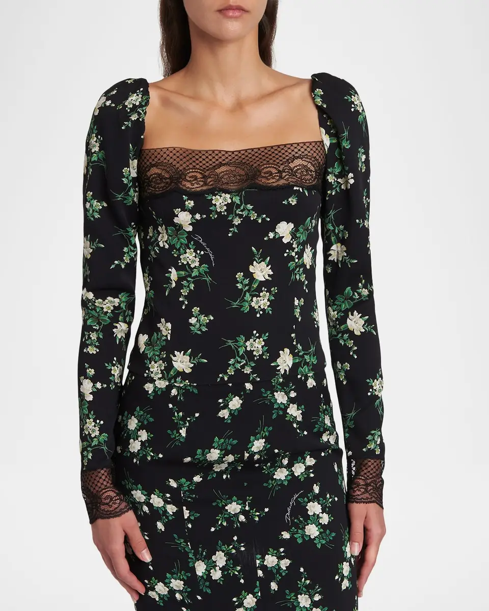 Dolce & Gabbana Lace-Trim Floral Silk Long-Sleeve Blouse | Thumbnail 4