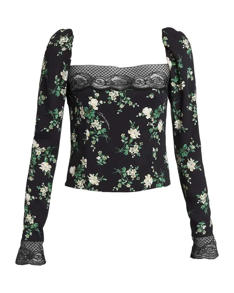 Dolce & Gabbana Lace-Trim Floral Silk Long-Sleeve Blouse | Image 1 Dolce & Gabbana Lace-Trim Floral Silk Long-Sleeve Blouse | Image 1