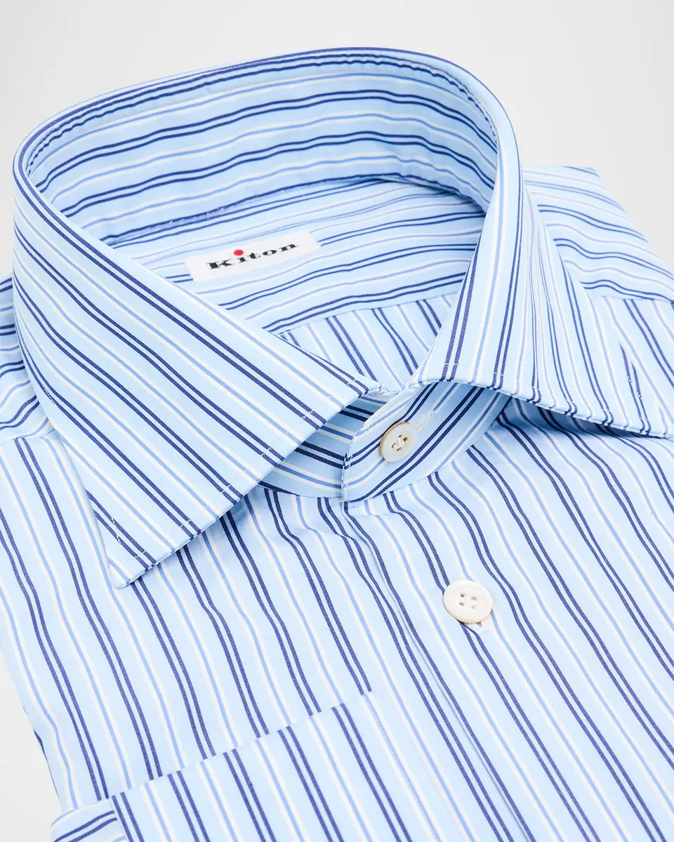 Kiton Men's Varigated Stripe Cotton Dress Shirt with Mother-of-Pearl Buttons | Thumbnail 2 Kiton Men's Varigated Stripe Cotton Dress Shirt with Mother-of-Pearl Buttons | Thumbnail 2
