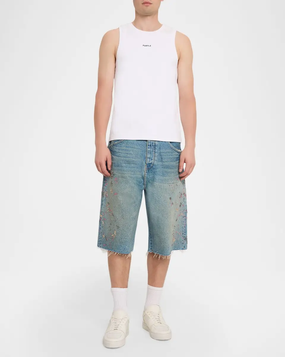 PURPLE Men's Beaded Splatter Denim Shorts | Thumbnail 2