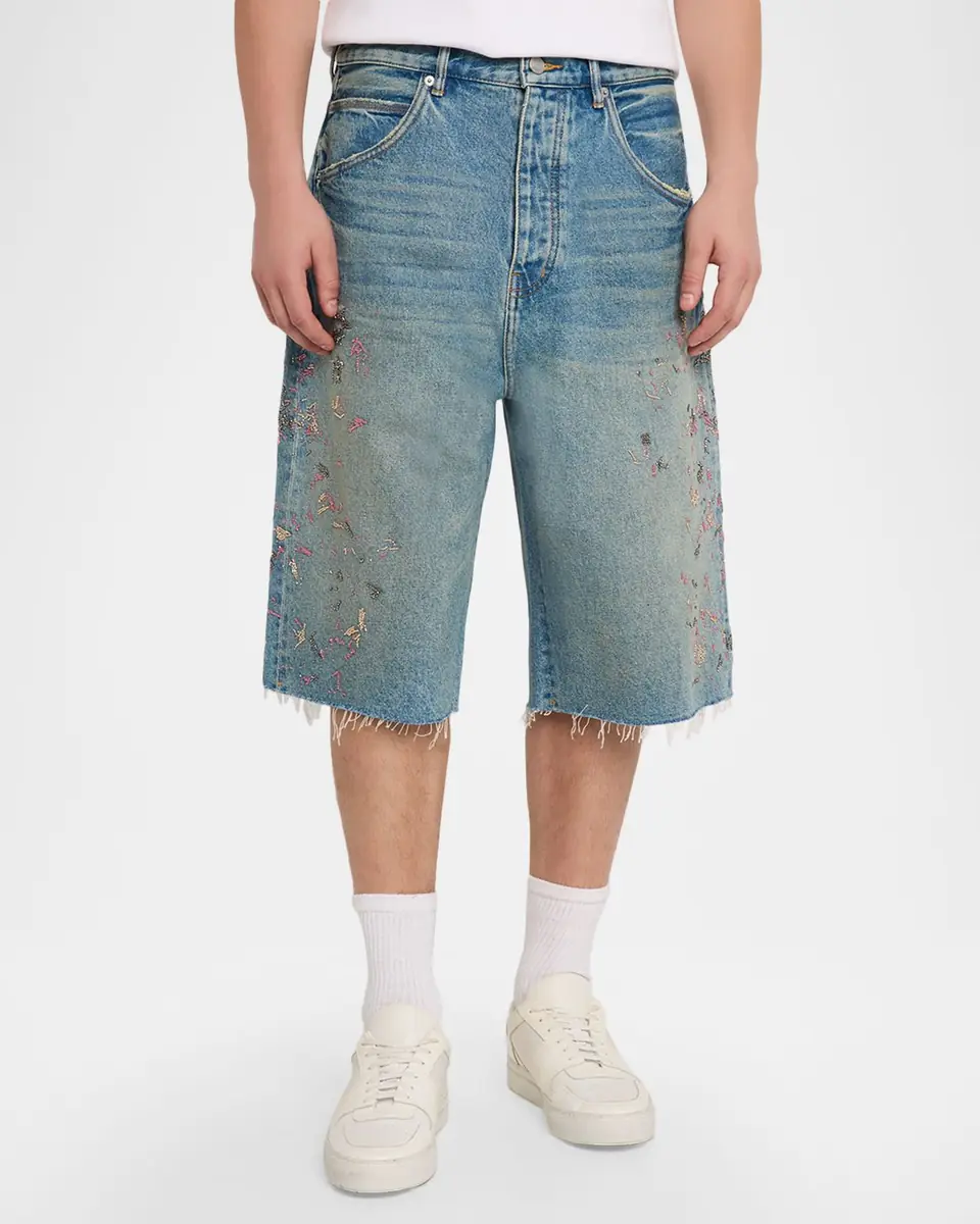 PURPLE Men's Beaded Splatter Denim Shorts | Thumbnail 4