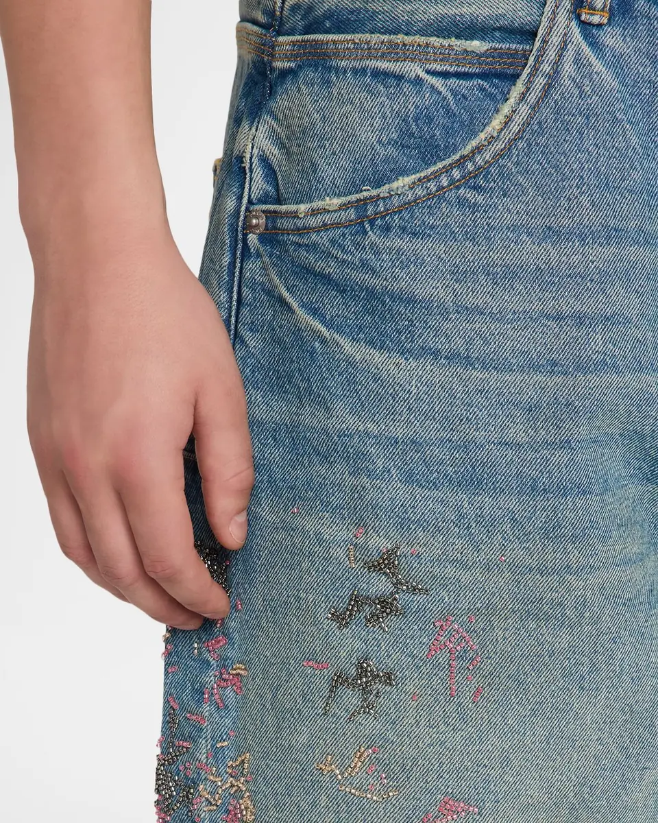 PURPLE Men's Beaded Splatter Denim Shorts | Thumbnail 5