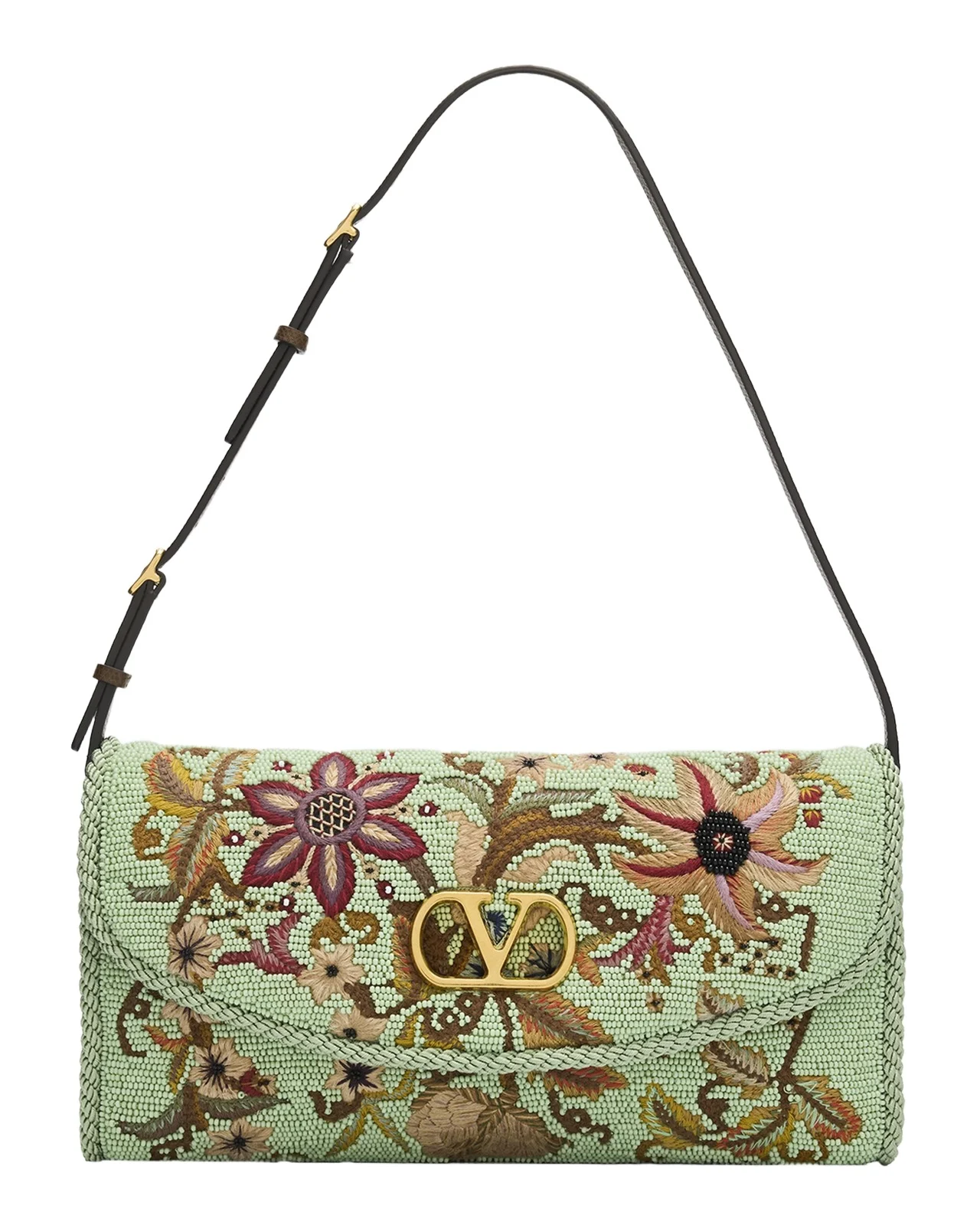 Floral-Embroidered Beaded Silk Shoulder Bag