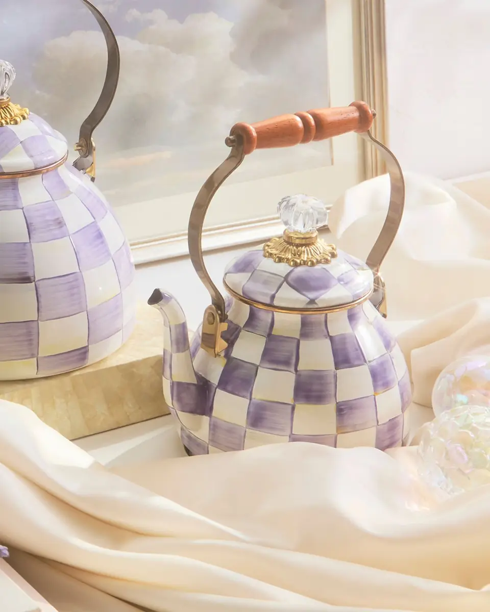 MacKenzie-Childs Violet Check Enamel Tea Kettle, 2 Quarts | Thumbnail 2 MacKenzie-Childs Violet Check Enamel Tea Kettle, 2 Quarts | Thumbnail 2