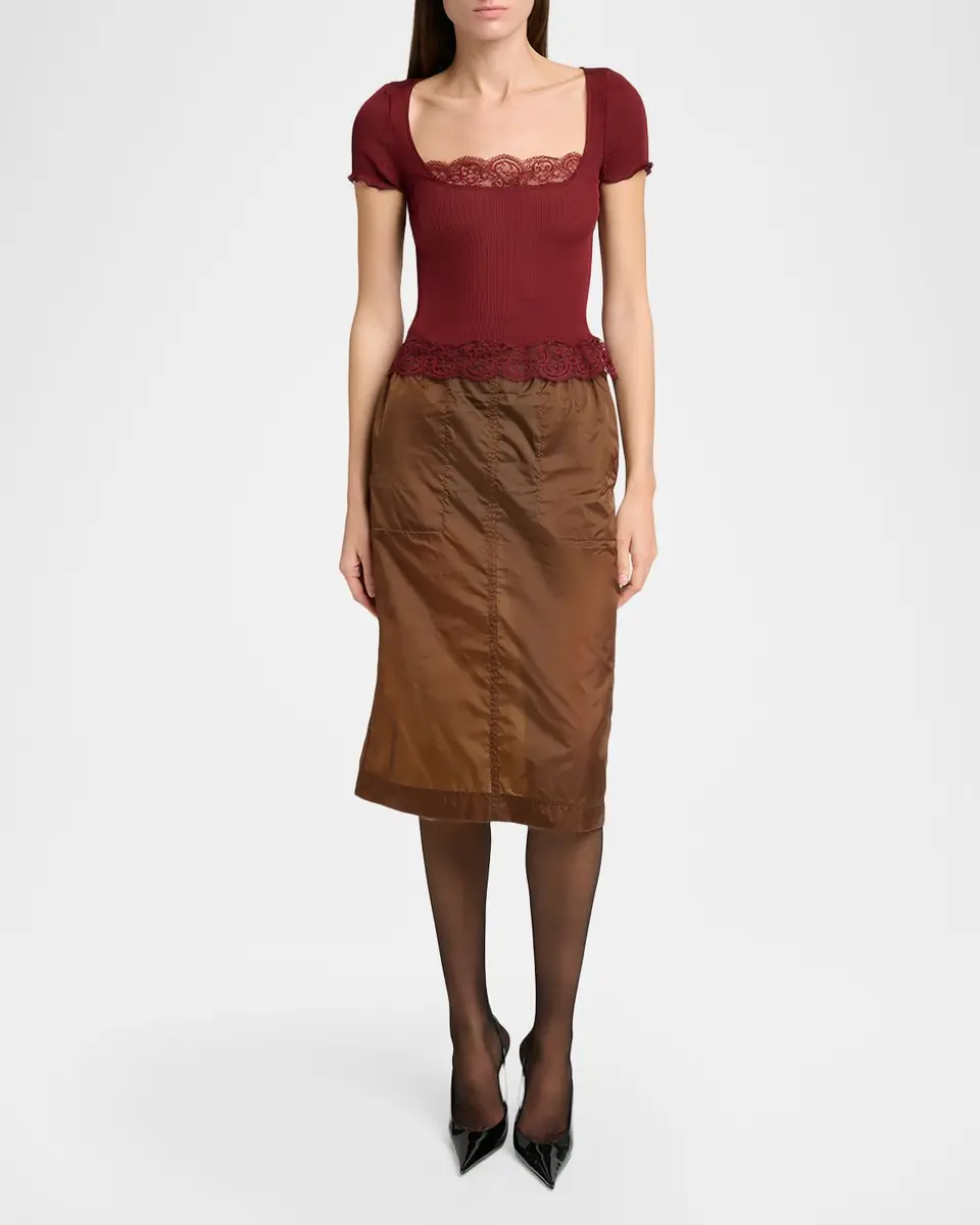 Saint Laurent Ribbed Silk Jersey Square-Neck Top with Lace-Trim | Thumbnail 2 Saint Laurent Ribbed Silk Jersey Square-Neck Top with Lace-Trim | Thumbnail 2