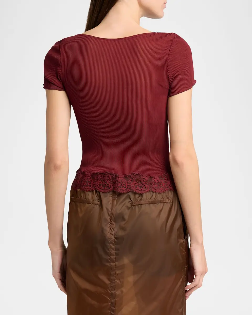 Saint Laurent Ribbed Silk Jersey Square-Neck Top with Lace-Trim | Thumbnail 3 Saint Laurent Ribbed Silk Jersey Square-Neck Top with Lace-Trim | Thumbnail 3