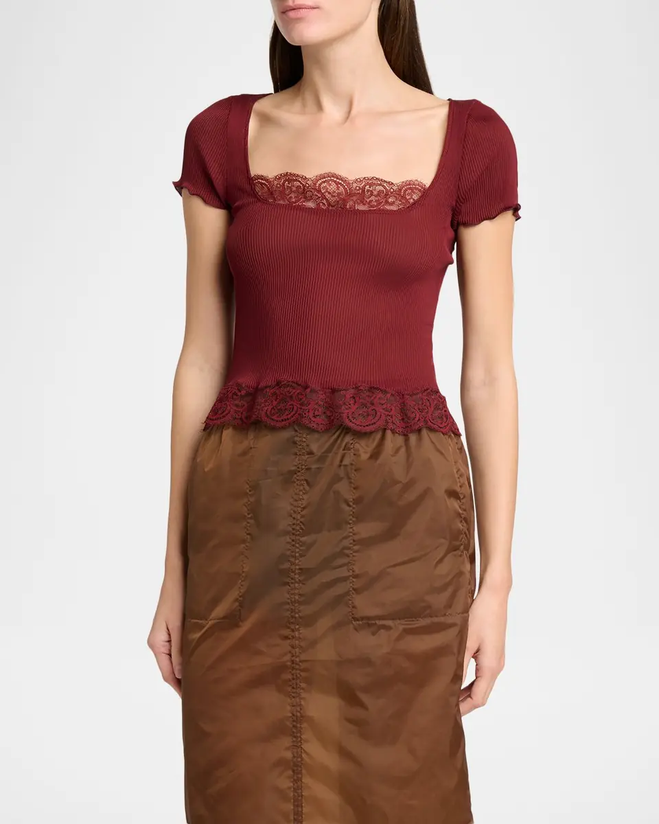Saint Laurent Ribbed Silk Jersey Square-Neck Top with Lace-Trim | Thumbnail 4 Saint Laurent Ribbed Silk Jersey Square-Neck Top with Lace-Trim | Thumbnail 4