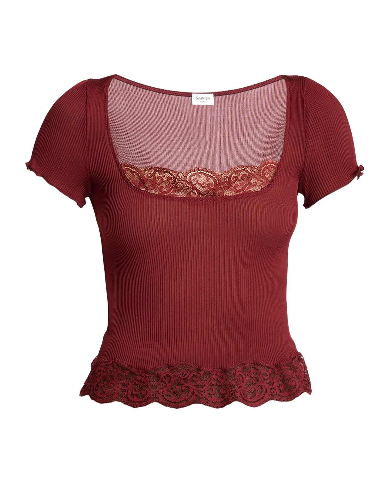 Ribbed Silk Jersey Square-Neck Top with Lace-Trim Ribbed Silk Jersey Square-Neck Top with Lace-Trim