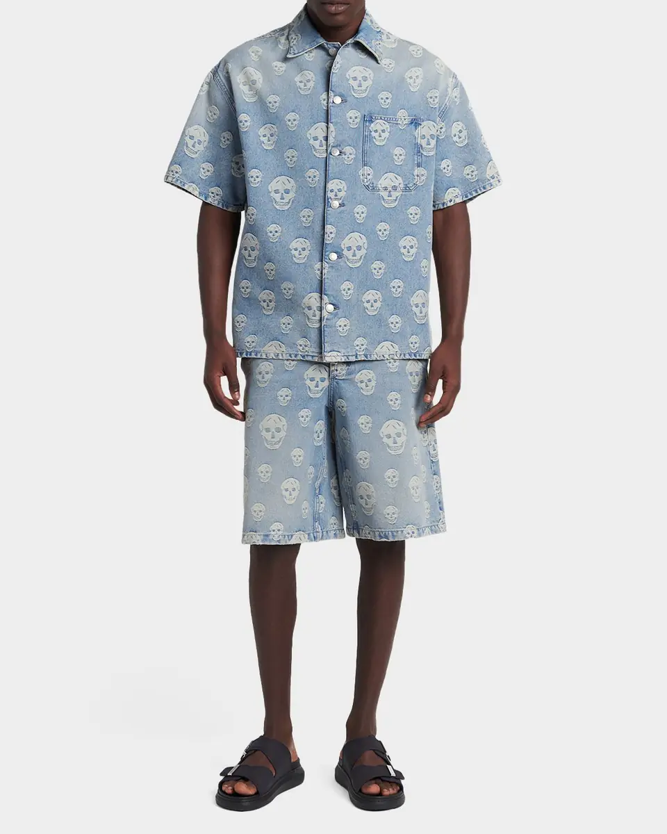 Alexander McQueen Men's Denim Allover Skull Short-Sleeve Shirt | Thumbnail 2 Alexander McQueen Men's Denim Allover Skull Short-Sleeve Shirt | Thumbnail 2