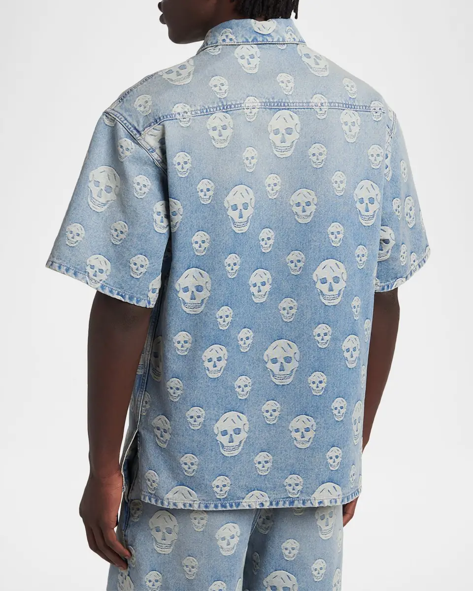 Alexander McQueen Men's Denim Allover Skull Short-Sleeve Shirt | Thumbnail 3 Alexander McQueen Men's Denim Allover Skull Short-Sleeve Shirt | Thumbnail 3