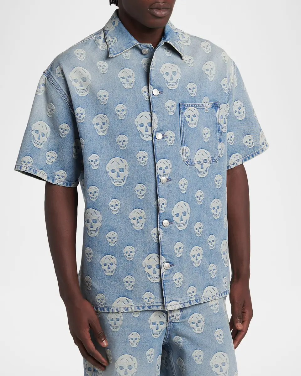 Alexander McQueen Men's Denim Allover Skull Short-Sleeve Shirt | Thumbnail 4 Alexander McQueen Men's Denim Allover Skull Short-Sleeve Shirt | Thumbnail 4