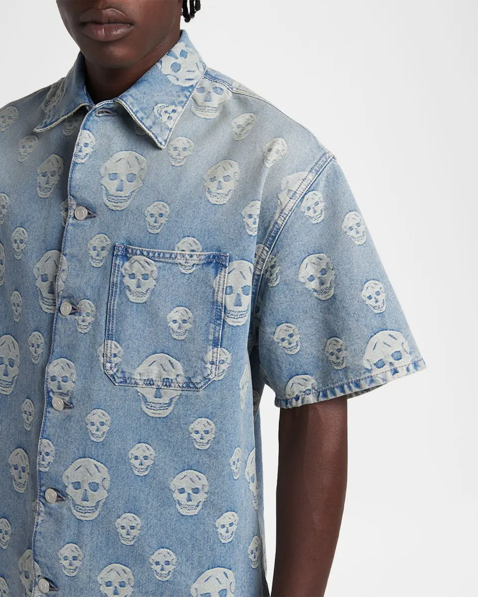 Alexander McQueen Men's Denim Allover Skull Short-Sleeve Shirt | Thumbnail 5 Alexander McQueen Men's Denim Allover Skull Short-Sleeve Shirt | Thumbnail 5