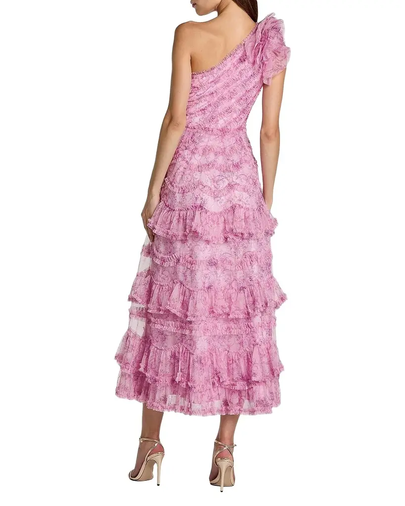 Mac Duggal Baroque Mesh Ruffled One-Shoulder Midi-Dress | Image 1 Mac Duggal Baroque Mesh Ruffled One-Shoulder Midi-Dress | Image 1