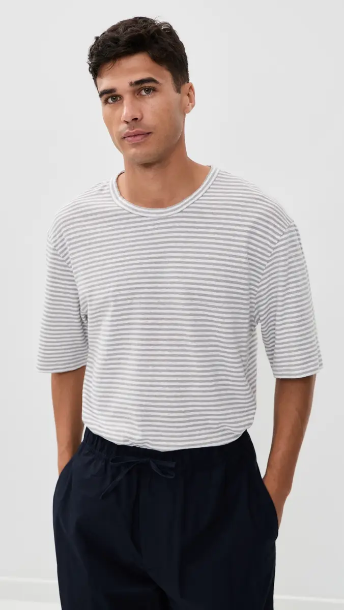 OFFICINE GÉNÉRALE Elden Linen Mini Stripe Tee Heather Grey/White | Thumbnail 2