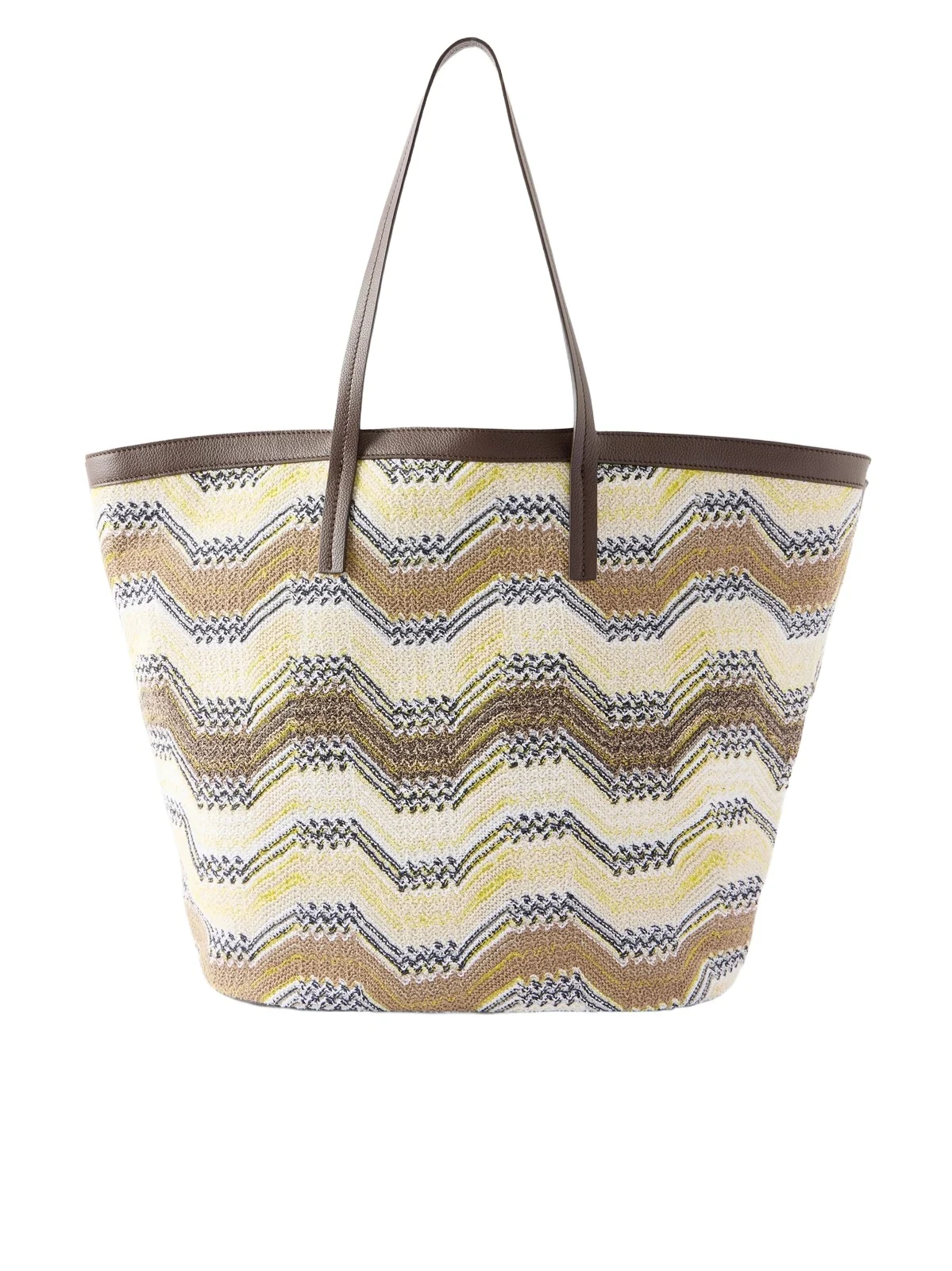 Leather-trimmed Striped Woven Tote