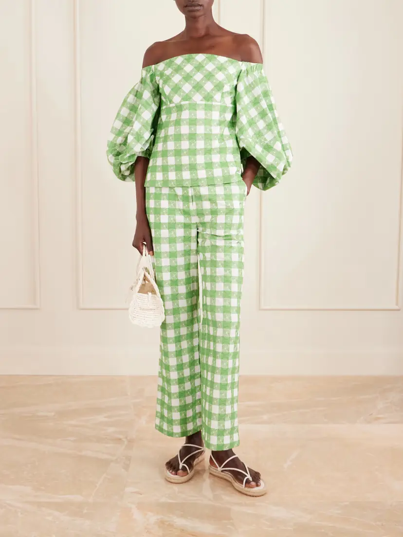 Rosie Assoulin Empire Balloon Off-the-shoulder Checked Cotton Blouse | Thumbnail 2 Rosie Assoulin Empire Balloon Off-the-shoulder Checked Cotton Blouse | Thumbnail 2