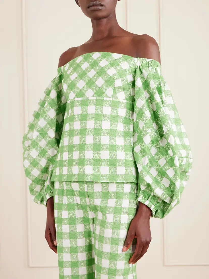 Rosie Assoulin Empire Balloon Off-the-shoulder Checked Cotton Blouse | Thumbnail 3 Rosie Assoulin Empire Balloon Off-the-shoulder Checked Cotton Blouse | Thumbnail 3
