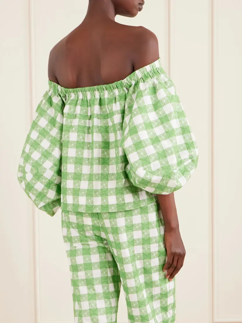 Rosie Assoulin Empire Balloon Off-the-shoulder Checked Cotton Blouse | Thumbnail 4 Rosie Assoulin Empire Balloon Off-the-shoulder Checked Cotton Blouse | Thumbnail 4
