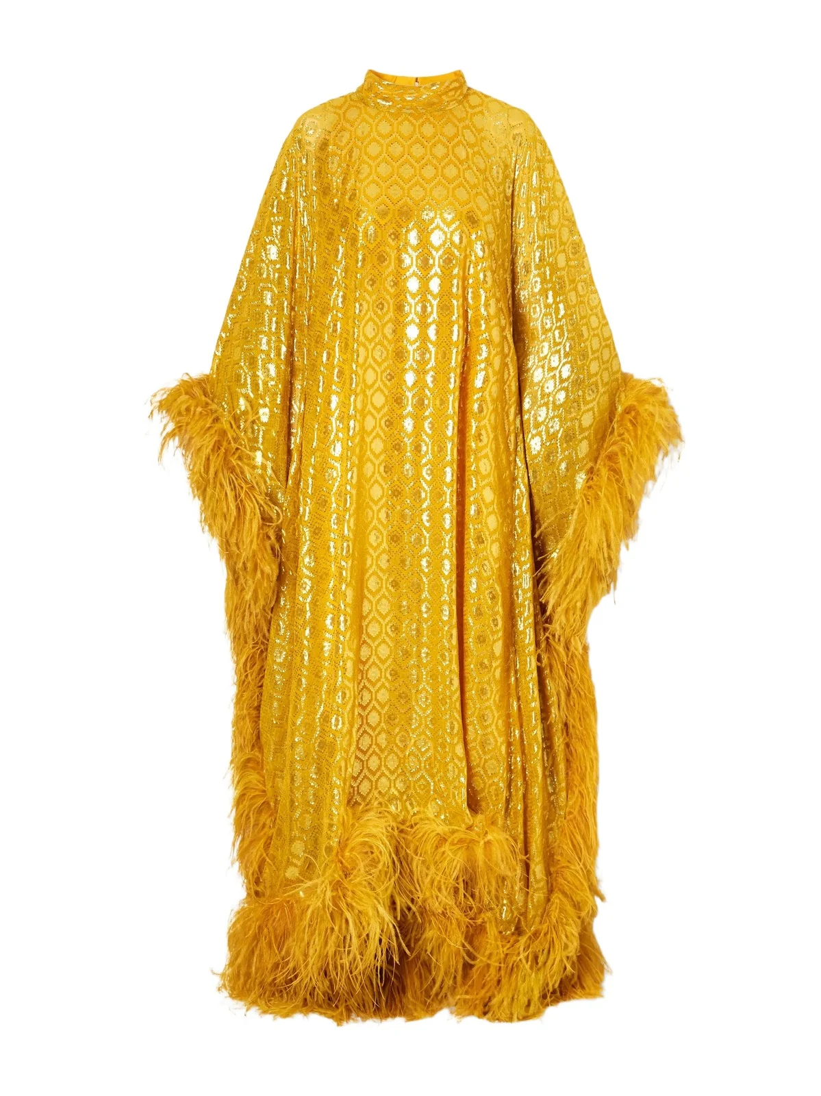 Casta Diva Feather-trimmed Jacquard-knit Metallic Fil Coupé Silk-blend Gown