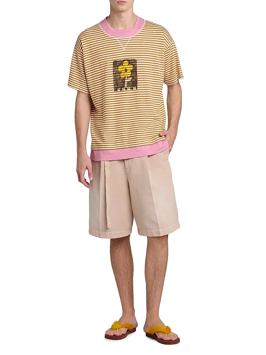 Marni Men's Striped Floral Sketch Linen-Cotton T-Shirt | Thumbnail 2 Marni Men's Striped Floral Sketch Linen-Cotton T-Shirt | Thumbnail 2