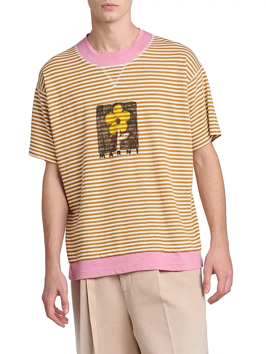 Marni Men's Striped Floral Sketch Linen-Cotton T-Shirt | Thumbnail 3 Marni Men's Striped Floral Sketch Linen-Cotton T-Shirt | Thumbnail 3