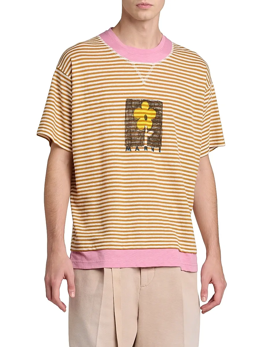 Marni Men's Striped Floral Sketch Linen-Cotton T-Shirt | Thumbnail 4 Marni Men's Striped Floral Sketch Linen-Cotton T-Shirt | Thumbnail 4