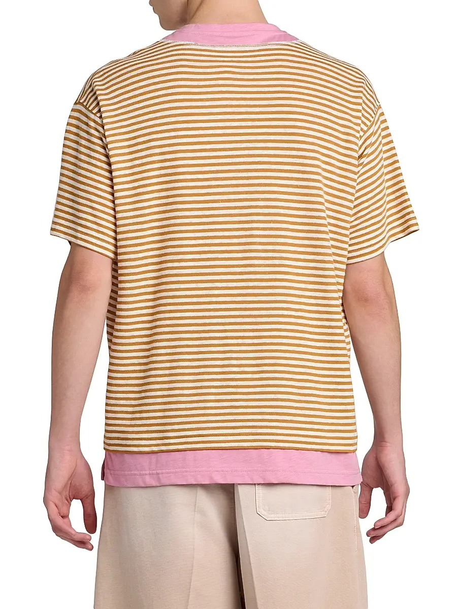 Marni Men's Striped Floral Sketch Linen-Cotton T-Shirt | Thumbnail 5 Marni Men's Striped Floral Sketch Linen-Cotton T-Shirt | Thumbnail 5