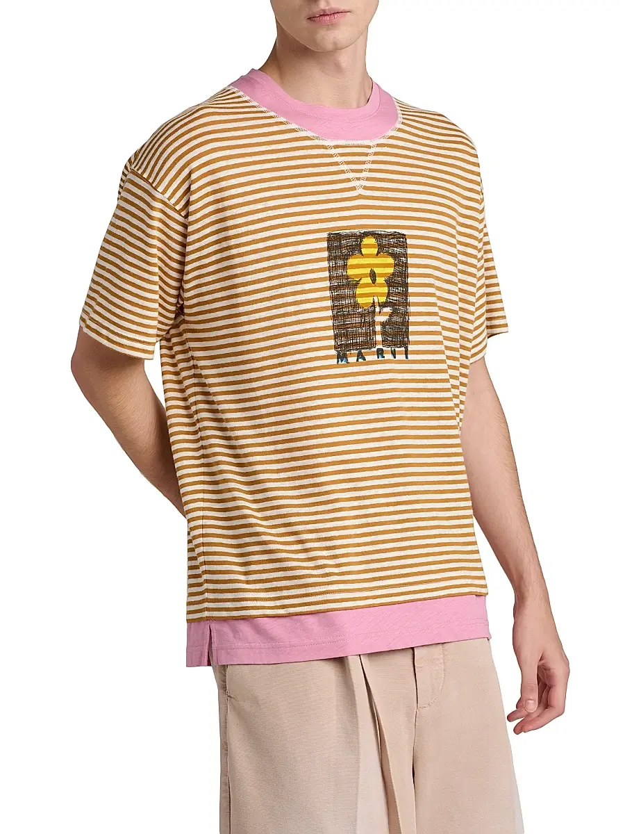 Marni Men's Striped Floral Sketch Linen-Cotton T-Shirt | Thumbnail 6 Marni Men's Striped Floral Sketch Linen-Cotton T-Shirt | Thumbnail 6