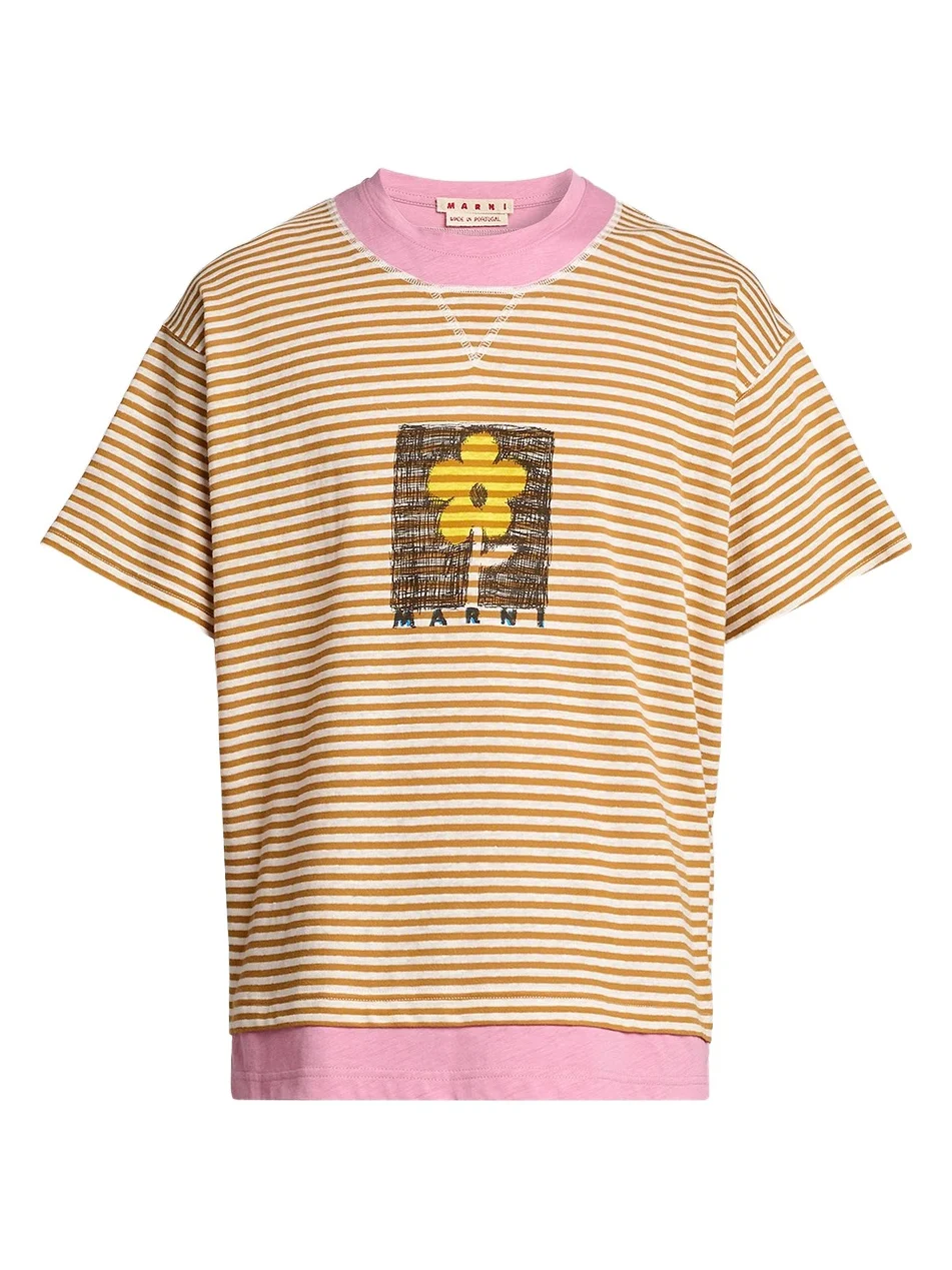 Men's Striped Floral Sketch Linen-Cotton T-Shirt