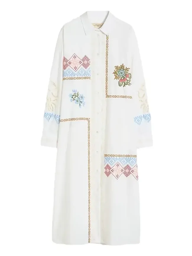 Women's Poplin Shirt Dress with Embroideries - White